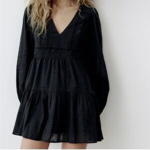Zara limited edition cotton Black embroidered V-Neck Dress